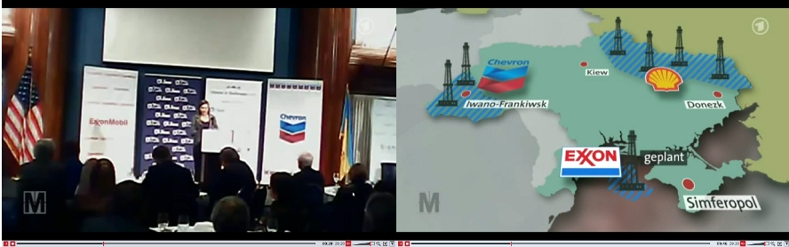 Links: Victoria Nuland bringt den Ukrainern Goodies aus dem Land der begrenzten Unmöglichkeiten. Rechts: Schon abgesteckte bzw. angestrebte Claims bekannter Öl-/Gaskonzerne in der Ukraine. (Screenshots aus MONITOR v. 13.03.2014)