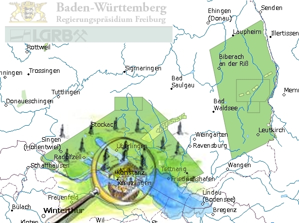 Die Erlaubnisfelder Konstanz und Biberach und ein unbeugsames allemanisches Dorf. Die Erlaubnisse werden demnächst gelöscht (Berechtsamskarte LRGB, eingesehen am 3.11.14