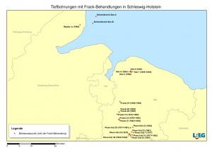 Bohransatzpunkte und Jahreszahlen von Frack-Maßnahmen in Schleswig-Holstein (Quelle: LBEG)